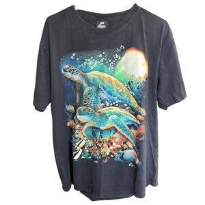 Vtg Y2K Caballo T-shirt AOP Sea Turtles Nature Ocean S/S Black XL Endangered